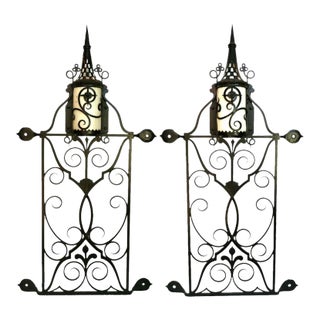 Large Pair of Spanish Wrought Iron Exterior Wall Lanterns Sconce Light Shade Covers For Sale