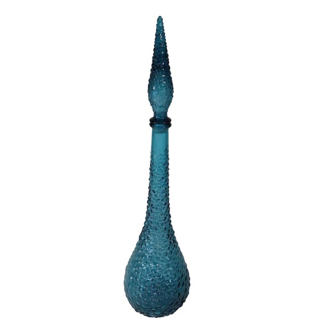 Mid-Century Modern Vintage Empoli Genie Teal Blue Dimpled Bottle With Stopper Made in Italy C. 1960's For Sale - Image 3 of 12
