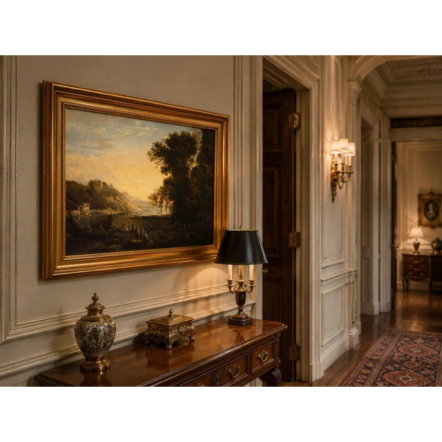 Follower of Claude Lorrain, Merchants on the River Po, 1800s, Oil Painting on Canvas, Framed For Sale - Image 10 of 11