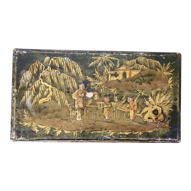 1820 Antique English Regency Japanned Black and Gold Jewelry Desk Box in the Chinese Taste For Sale
