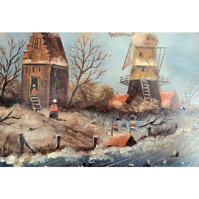 Dutch Artist, Winter Landscape with Windmill and Skaters, Oil on Board, 1950s For Sale - Image 8 of 10