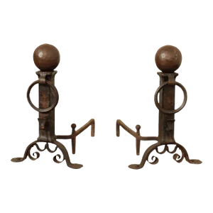 Arts & Crafts Antique Wrought Iron Andirons - A Pair