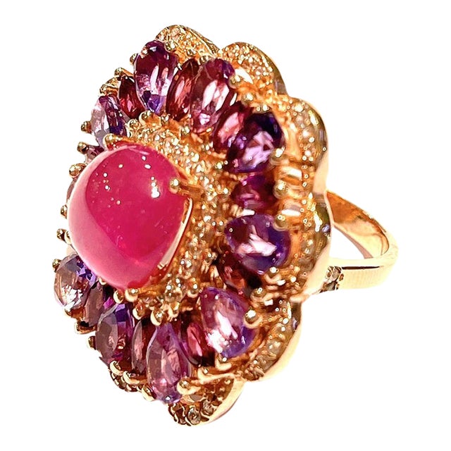 Bochic “Flamenco” Ruby & Fancy Multi Color Gems 18k Gold & Silver Cocktail Ring Size 5 For Sale
