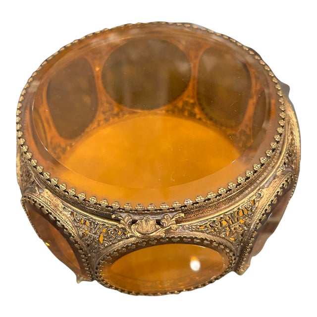 French Ormolu & Amber Glass Round Jewelry Box For Sale