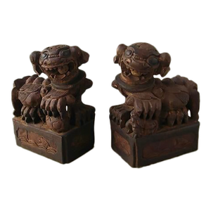 1920s Chinese Wood Foo Dogs - a Pair