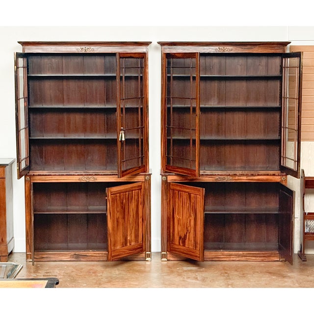 English Two-Tiered Glass Front Bookcases of Figured Wood - Two Available For Sale In Austin - Image 6 of 17