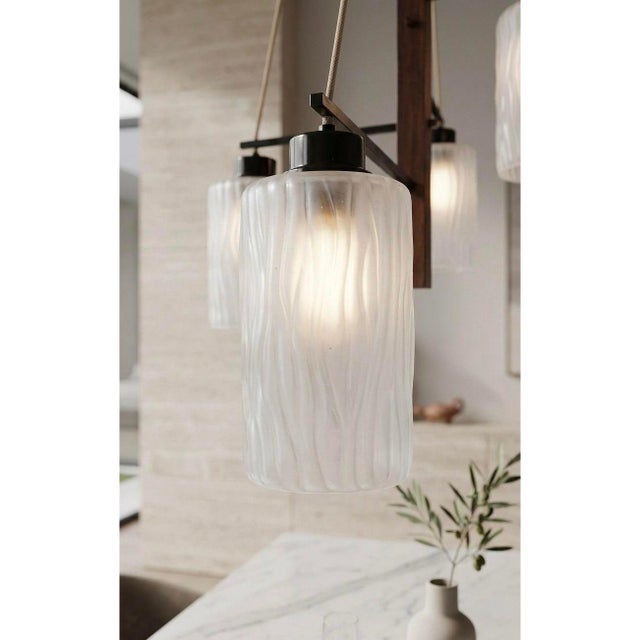 Mid-Century Modern 1970s Mid-Century Modern Stilnovo Chandelier With Frosted Textured Glass and Teak Accents For Sale - Image 3 of 5