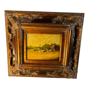 N Bingham Stagecoach and 4 Horses Original Oil Painting on Panel in Ornate Frame