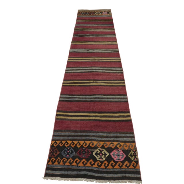 1960s Traditional Ethnic Natural Wool Red Striped Kilim Runner Rug For Sale