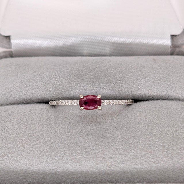 East West Ruby Ring W Earth Mined Diamonds in Solid 14k White Gold Oval 5x4mm For Sale - Image 10 of 10