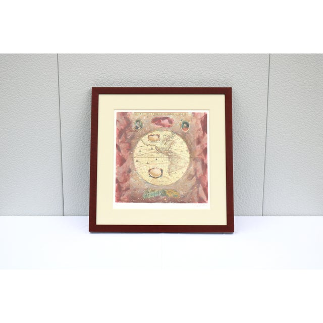 Fabulous 1980s "Untitled Globe Mixed Media Art," on wove paper monoprint artwork painting by the artist Starlie Sokol...