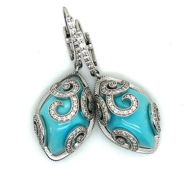 Persian Persian Turquoise Diamond Pendant Earrings 14k WG 26.85 TCW Certified For Sale - Image 3 of 15