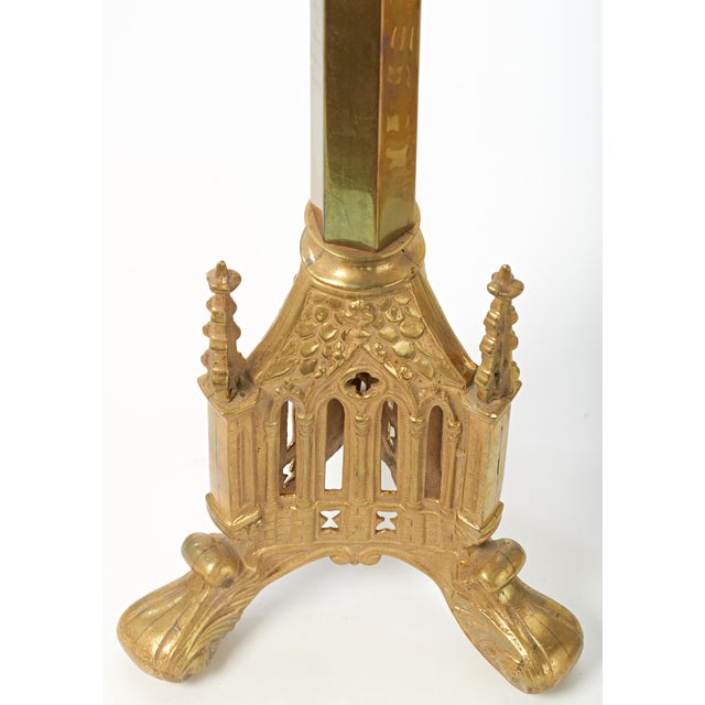 Pair Antique Gothic Cathedral Brass Candlesticks For Sale - Image 12 of 12