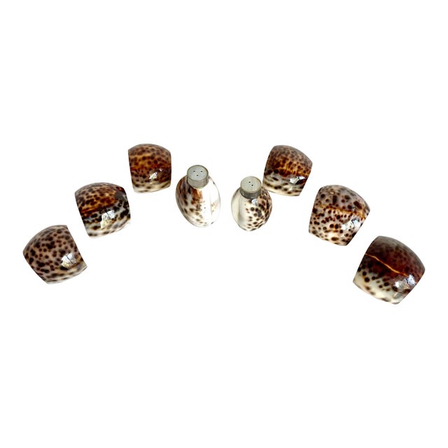 Vintage Tiger Cowrie Shell Salt/Pepper and Napkin Rings Set - Set of 8 For Sale