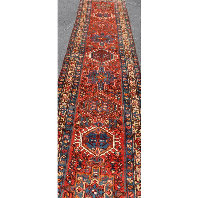 Antique Serapi Runner With Bold Geometric Medallions and Rich Tribal Design Motifs 3'3" X 14'0" For Sale - Image 10 of 13