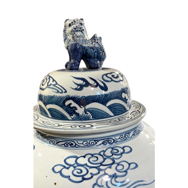 Vintage Large Chinoiserie Blue& White Porcelain Ginger Jar Dragon & Phoenix 36" H For Sale - Image 10 of 11