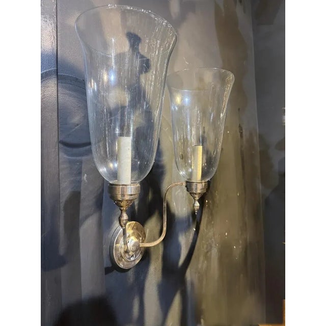 Circa 1910 Hurricane glass sconces with silver plate bronze body, two lights