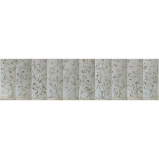 Chinoiserie Mural Hand Painted Wallpapers on White Silk - 10 Panels For Sale