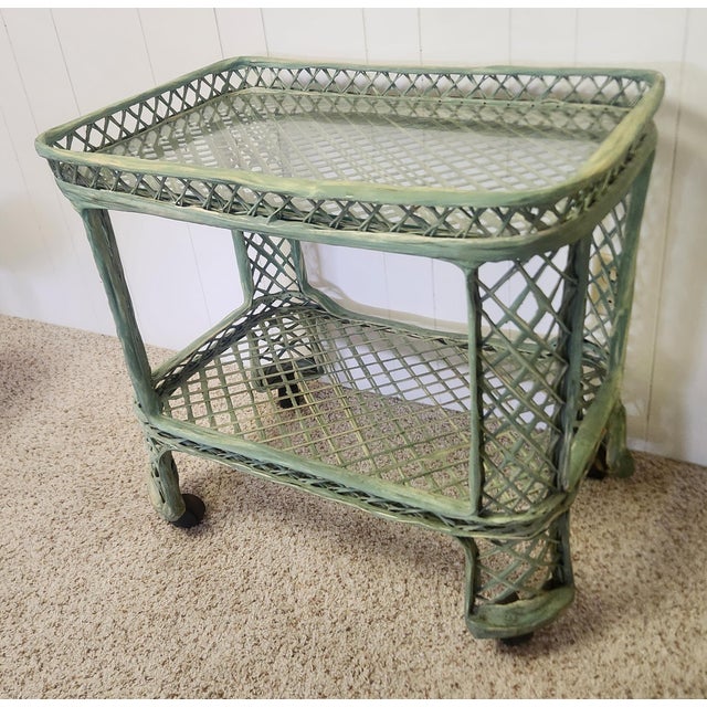 Wood Vintage Rolling Bar Cart Green Basketweave For Sale - Image 7 of 12