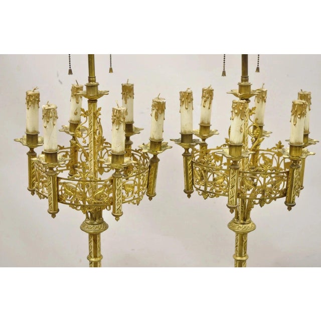 Gothic Antique Gothic Revival Gold Bronze Figural Candelabra Table Lamps - A Pair For Sale - Image 3 of 11