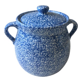 20th Century Folk Art Spongeware Pottery Crock With Lid For Sale