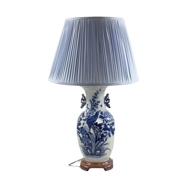Vintage Blue White Porcelain Vase Lamp Asian Motif; This exquisite vintage table lamp features a stunning blue and white...