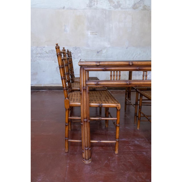 Brown Faux Bamboo and Vienna Straw Dining Set, 1970s, Set of 7 For Sale - Image 8 of 9
