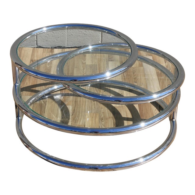 1970s Italian Chrome Swivel Coffee Table With Glass Tops For Sale