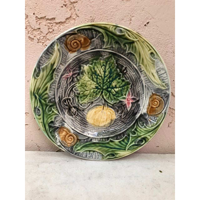 Ceramic French Majolica Plate With Pumpkin & Snail Onnaing, Circa 1890 For Sale - Image 7 of 7