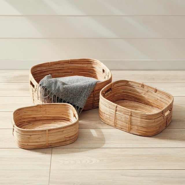 Boho Chic Cane Rattan Rectangular Baskets, Set Of 3 For Sale - Image 3 of 6