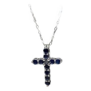 Blue Sapphire Cross Necklace in 14kt White Gold – 0.88ctw, 18in, New For Sale
