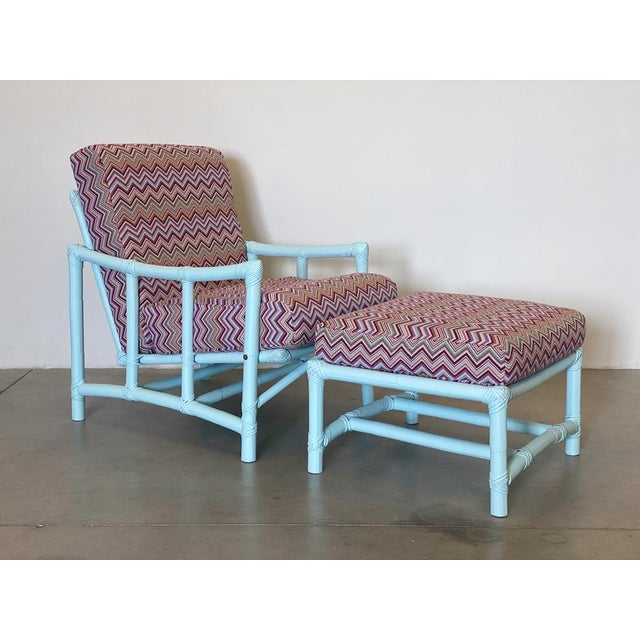 Fun armchair with stool in pastel-coloured lacquered bamboo from the 70s, freshly reupholstered cushions in multicolored...