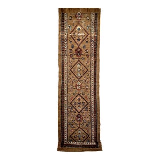 Antique Persian Serab Camel Hair Runner Rug, Hand-Knotted Wool, Geometric Pattern, Red & Green, 4x14 For Sale