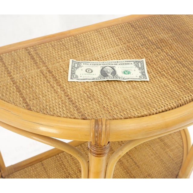 Mid Century Modern Demilune Rattan Cane Bamboo Two Tier Wall Console Table MINT For Sale - Image 9 of 9