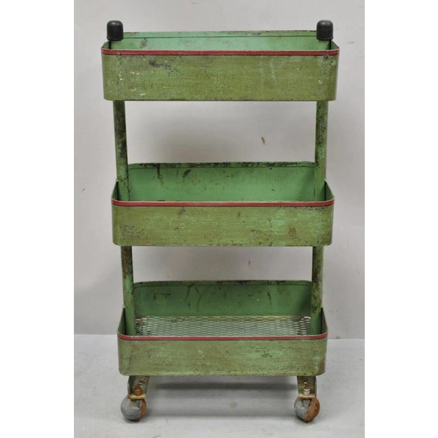 Antique "Bath House 2" Green Painted Metal 3 Tier Rolling Bathroom Trolley Cart For Sale - Image 10 of 12