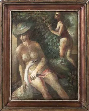 Bulgarian School Artist, Leda and the Swan, 20th Century, Oil on Platex