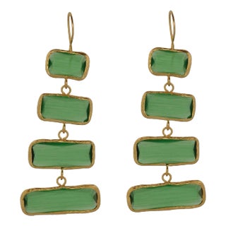 Green Dangle Cat Eye Stone Gold Earring, 2 Pieces For Sale