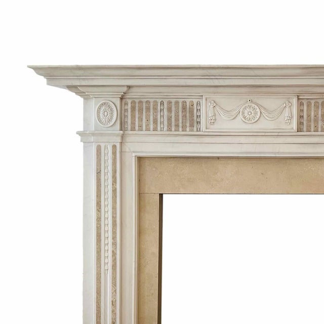 Vintage, classic English carved statuary marble fireplace mantel with inlays. Provenance:Park Ave, New York apartment....