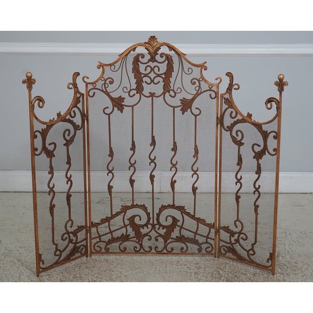 Traditional Vintage Three Panel Iron Frame Gold Painted Fireplace Screen For Sale - Image 3 of 14