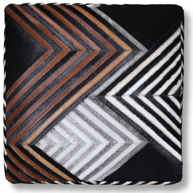 Animal Skin Handmade Chevron Cowhide Leather Ottoman Pouf 18x18x18 in Graphic Statement For Sale - Image 7 of 12