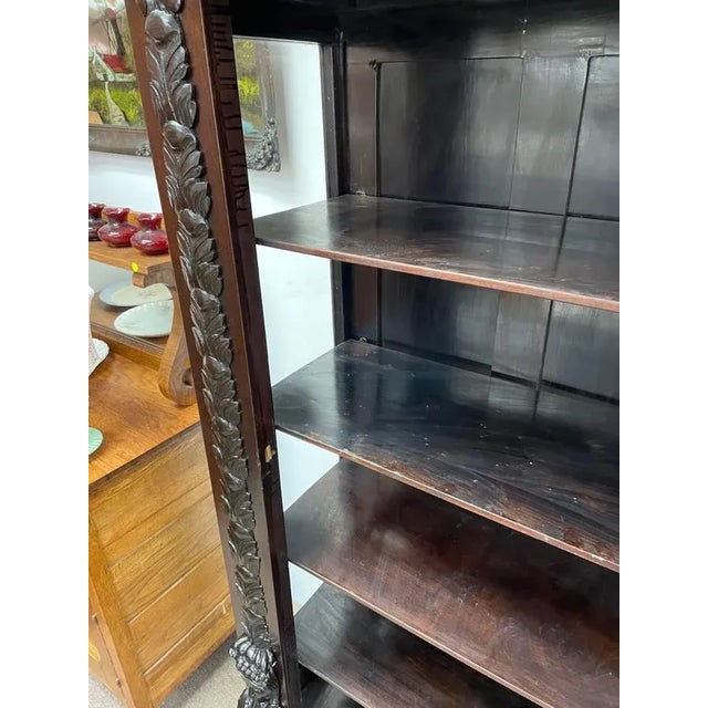 Early 20th Century Refinished Antique Walnut Display Cabinet, Burl Inlay, Hand Carved + Blown Glass For Sale - Image 5 of 11