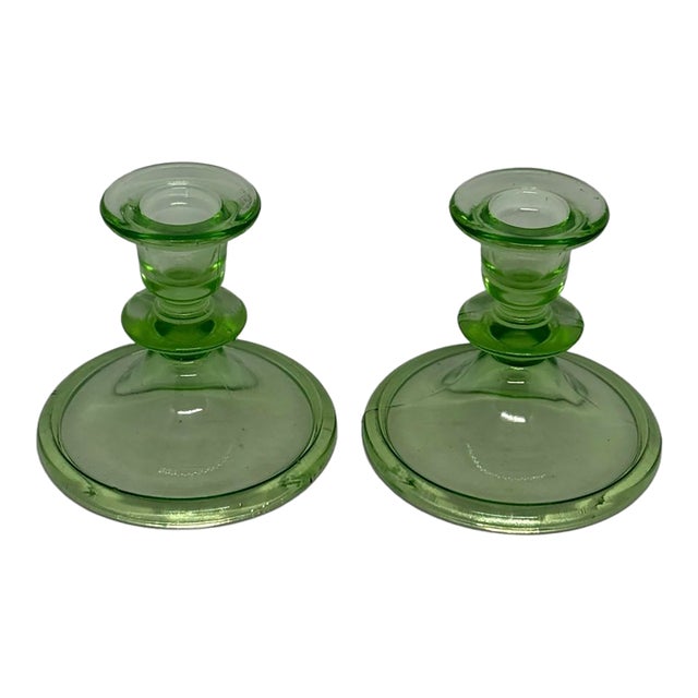 Vintage Green Uranium Glass Candlestick Holders Pair 1930s Depression Glass For Sale