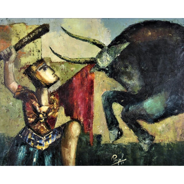 This artwork titled "Lucha Con El Toro" c.1955 is an oil painting on canvas by Spanish artist Francisco Pujol, 1927-1999....
