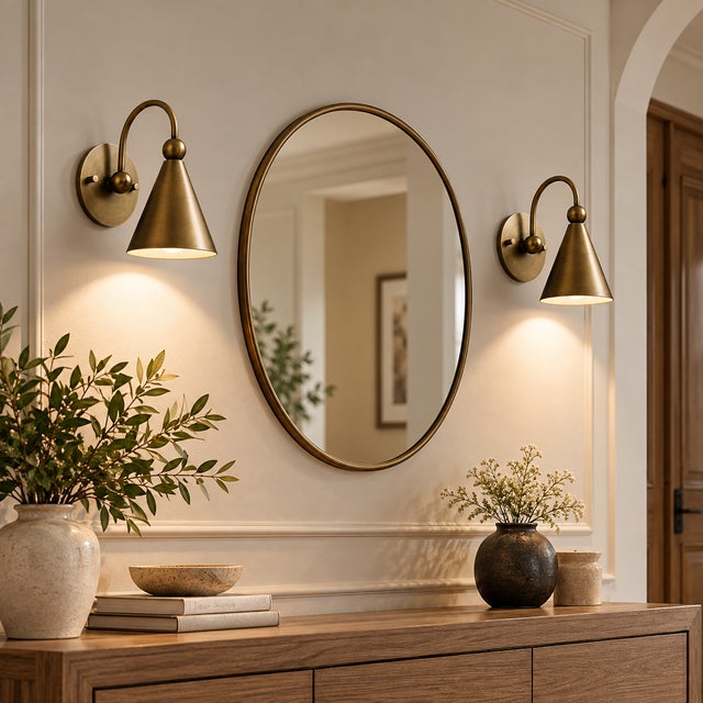 Brass Cone Wall Sconces Handcrafted Wall Lamp With Curved Arms and Tapered Shades - Pair For Sale - Image 4 of 8