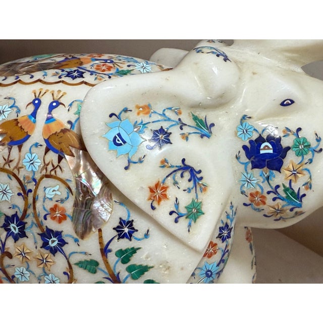 Large Vintage Inlaid White Marble Marquetry Stone Elephant Statue Sculpture 17Lbs For Sale - Image 16 of 17