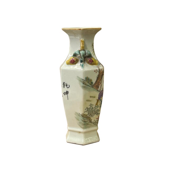 1990s Chinese Scenery Graphic Hexagonal White Porcelain Art Vase For Sale - Image 5 of 15