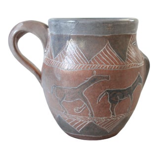 Vintage Southwestern Native American Pottery Coffee Mug W/ Horses, People & Sea Turtle For Sale