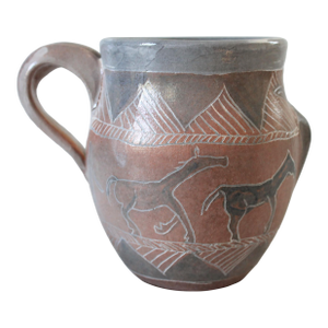 Vintage Southwestern Native American Pottery Coffee Mug W/ Horses, People & Sea Turtle