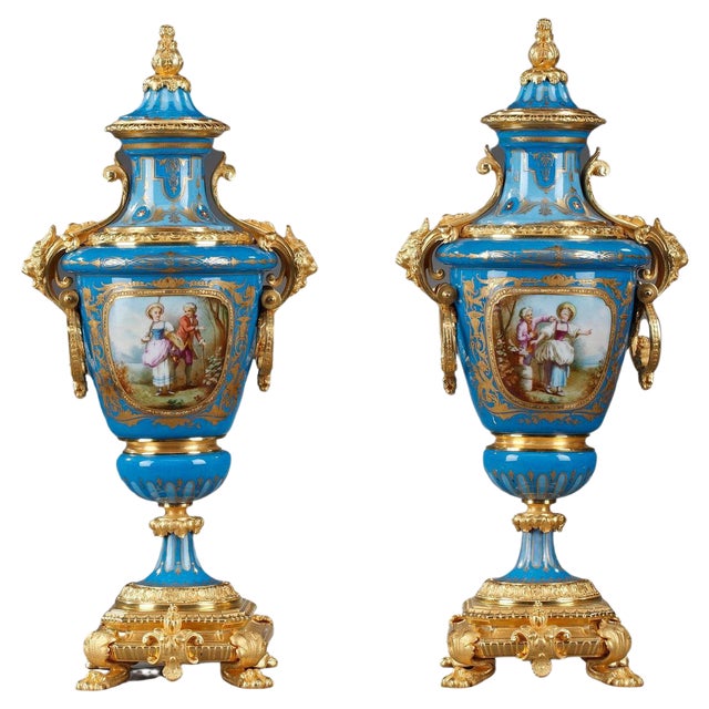 Covered Vases in Polychrome Porcelain in the Style of Sèvres, Set of 2 For Sale