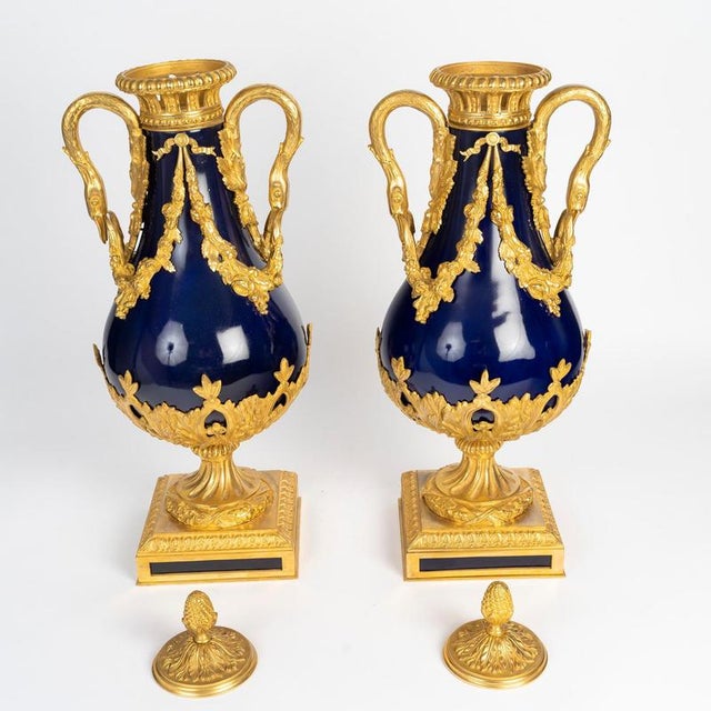 Lidded Vases in Sèvres Blue Porcelain and Gilded Bronze, Set of 2 For Sale - Image 3 of 10